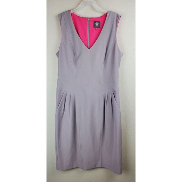 Vince Camuto Size 8 Grey Pleated Pencil Dress W/ Pockets Sleeveless V-Neck - Picture 1 of 10